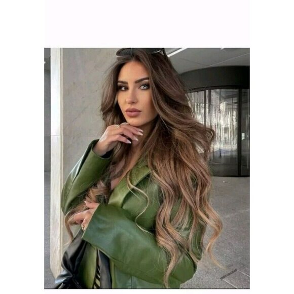 Zara Faux Leather Blazer Jacket Olive Green Size M 4432 740 - Picture 10 of 11